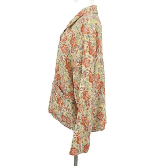 Flax Floral Linen Blouse Womens Small Yellow Rust Boxy Button Front - Picture 4 of 6